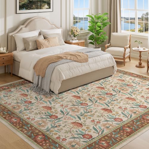 DUKINO 8x10 Area Rug, Vintage Floral Washable Rugs for Living Room, Brown