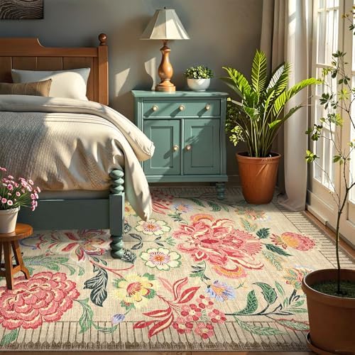 GarveeHome Floral Botanical Washable Rugs 5x7 Area Rug for Living Room, Camel Taupe Brown Vintage Boho Cottage Throw Rugs Low Pile Carpet for Bedroom Dining Nursery Rug