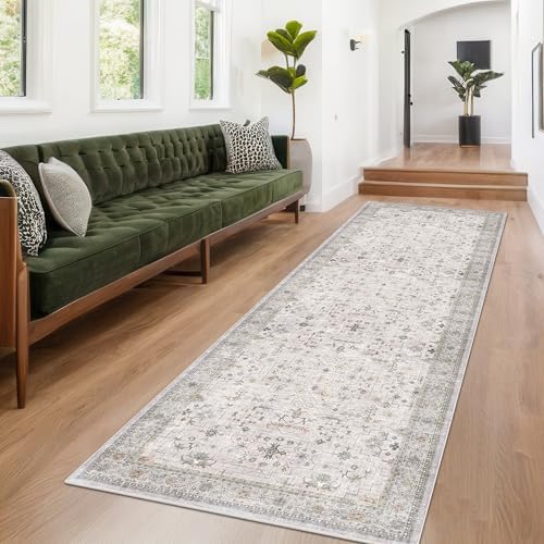 Hazo Haus Boho 3x16 Wide Hallway Runner - Light Gray and Sage, Washable Low Pile Non Slip Stain Resistant 16ft Runner Rug for Long Kitchen, Hallway, Floral Decor