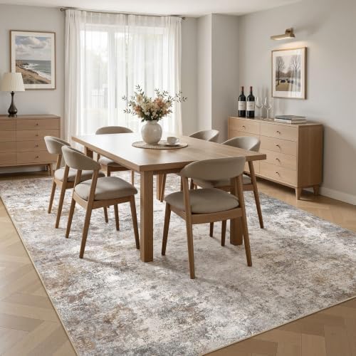 UERMEI 7x9 Area Rug Living Room Rugs - Washable Neutral Modern Abstract Soft Thin Large Rug Indoor Floor No Slip Rug Carpet for Bedroom Under Dining Table Home Office Decor - Brown Grey