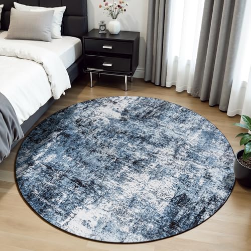 Rugflix Round Area Rugs 4Ft for Living Room, Washable Navy Blue Circle Rug