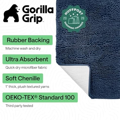 GORILLA GRIP Bath Rug Mat for Bathroom, Absorbent Chenille, 44x26 Navy Blue