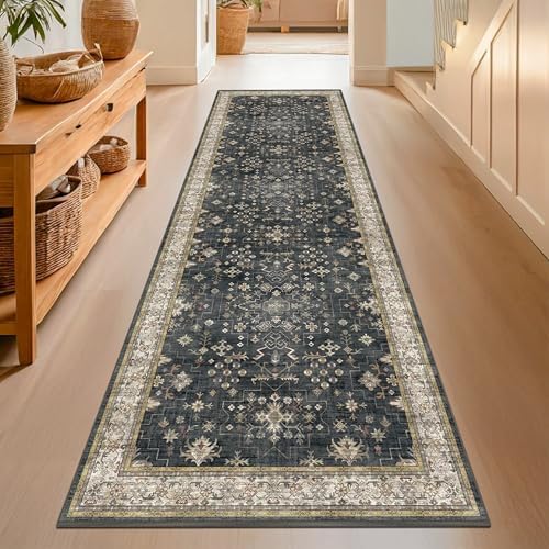Dark Washable Long Runners for Hallways, 2'6"x8' Wide Kitchen Runner Rug, Entryway Indoor Rug, Non Slip Rubber Backing Boho Vintage Floor Decor, Ashen/Multi