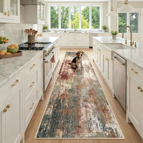 RELEANY Washable Runner 2'6"x10' Abstract Area Rug for Hallway Rustic Brown