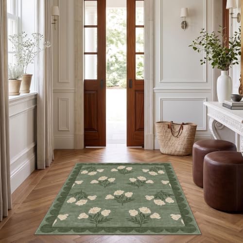 3x4 Floral Entry Rug - Small Washable Indoor Outdoor Mats for Front Door Non-Slip Spring Porch Rug Sage Green Farmhouse Throw Rugs for Living Room Bedroom Entryway Kitchen Office Porch Decor