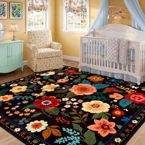 RELEANY Floral Washable Square 5ft Area Rug Black