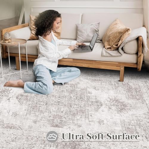 XLUEZ Area Rug 10x14 Living Room Rug, Machine Washable Vintage Distressed Medallion Rug Non-Slip Soft Low Pile Large Indoor Rugs for Bedroom Kitchen Dining Room Office(Grey,10'x14')
