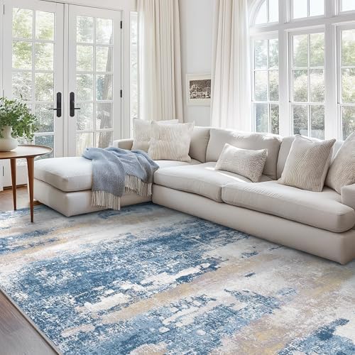 BEIMO Area Rugs 9x12 for Living Room, Blue Cream Washable Abstract Rug