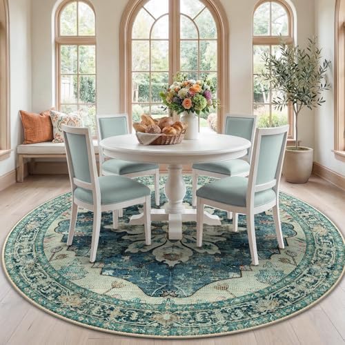 RELEANY Washable Area Rug, Round 7ft, Blue/Vintage Dark Blue