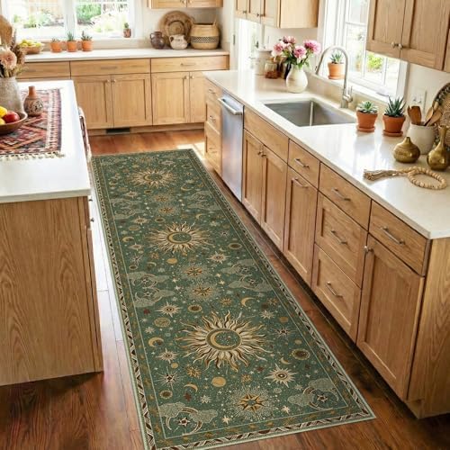 Vacuum-Friendly, 2x8 Washable Area Rug, Green Brown