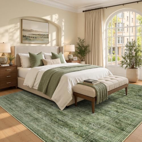 8x10 Area Rug for Living Room, Non-Slip Washable Large Carpet, Forest Green