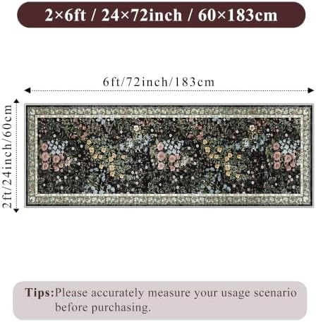 Washable Kitchen Runner Rug 2x6: Vintage Floral Rug for Hallway Kitchen - Machine Washable Non Slip Low Pile Carpet - Soft Foldable Runner for High Traffic Areas - 2'x6' Black