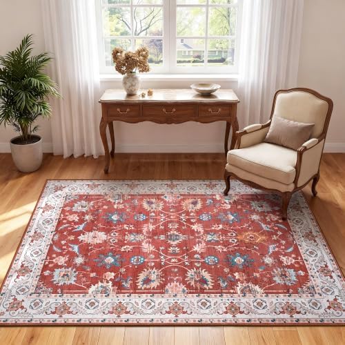 Hanples 3x5 Washable Rugs for Entryway, Vintage Floral Door Mat, Red