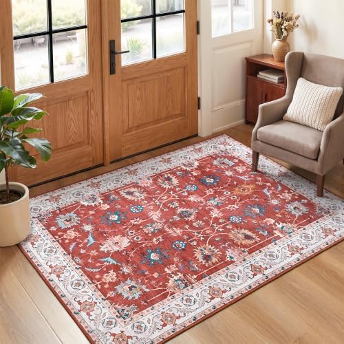 Hanples 3x5 Washable Rugs for Entryway, Vintage Floral Door Mat, Red
