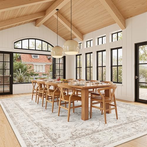 Madane Living Room 10x14 Area Rugs, Washable Soft Neutral Rug Brown/Ivory
