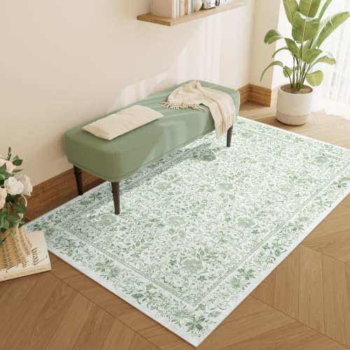 DUKINO 3x5 Rug Washable Vintage Floral Bedroom Area Rug Non Slip Sage Green