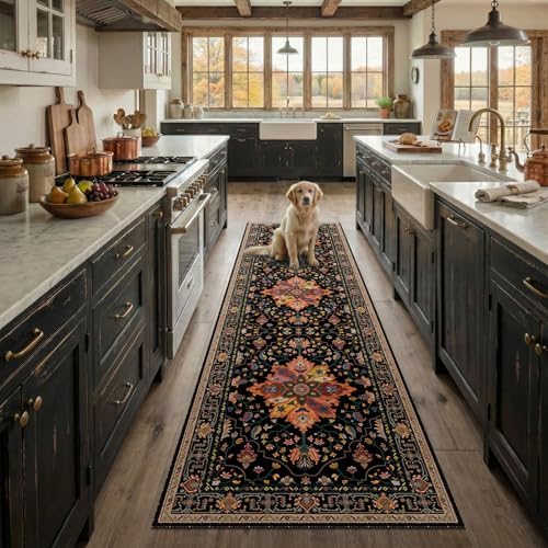 RELEANY Washable Area Rug, Runner 2'x8', Black/Colorful