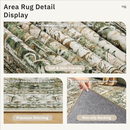 Soalmost 5x7 Area Rug Low Pile Washable Trendy Faded Style Rug, Olive Beige