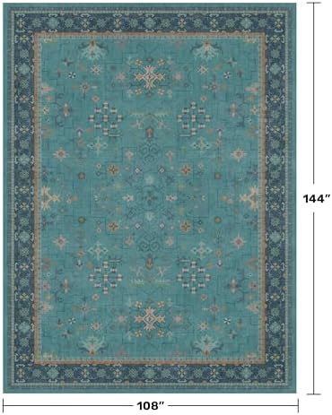Boho 9x12 Large Teal Green Washable Living Room Rug - Vibrant Turquoise Rug for Bedroom Under Bed, Dining Room Under Table, Geometric Floral Low Pile & Soft Stain Resistant Carpet