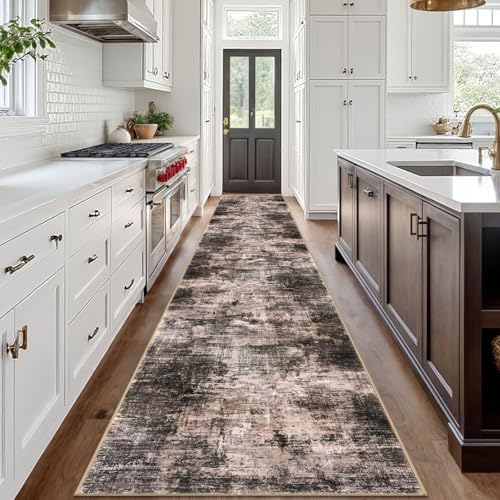 IOHOUZE Abstract Runner Rug 3x18 Ft Washable Runners for Hallways, Non Slip Kitchen Runner Printed Faux Wool Entryway Runner Indoor, Modern Abstract Floor Carpet for Hall Stair, Brown/Rust