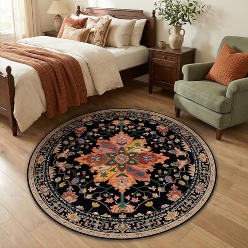 RELEANY Washable Area Rug, Round 4ft, Black/Colorful