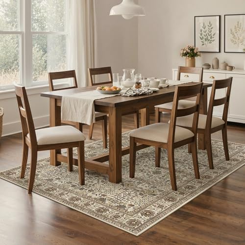 Bavni 4x6 Area Rug for Living Room, Washable Low Pile, Cream Brown