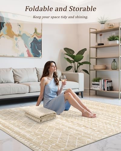 Miukiki 9x12 Area Rug for Living Room, Washable Non Slip Moroccan Rug Beige