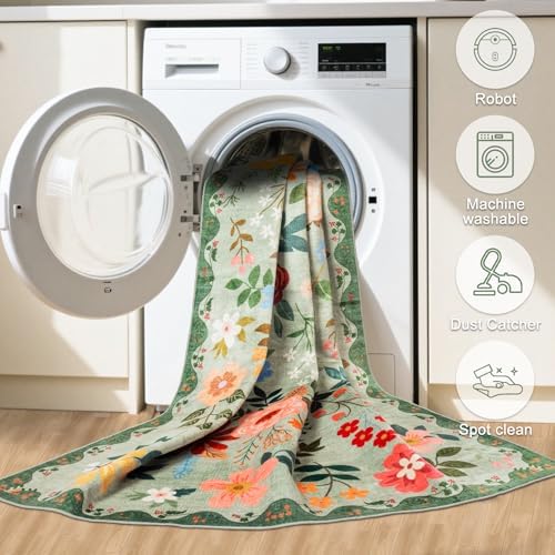 PLHXFR 6x9 Area Rug Living Room: Floral Washable Boho Soft Carpet Green