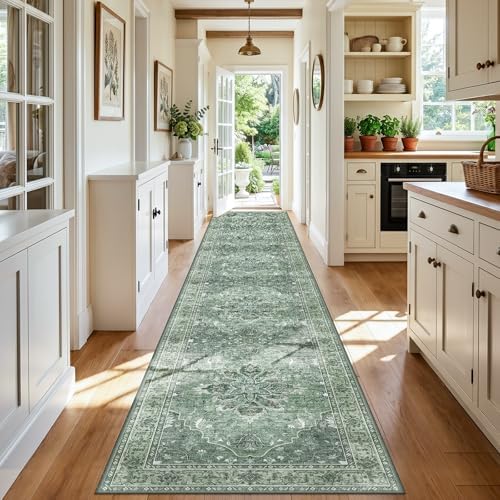 RELEANY Washable Area Rug, Runner 3'x20', Green/Dark Green/Gray