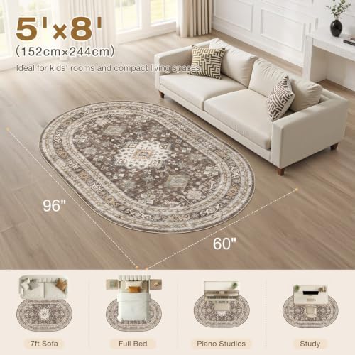 5x8 Ellipse Area Rug for Living Room, Washable, Traditional, Dark Brown