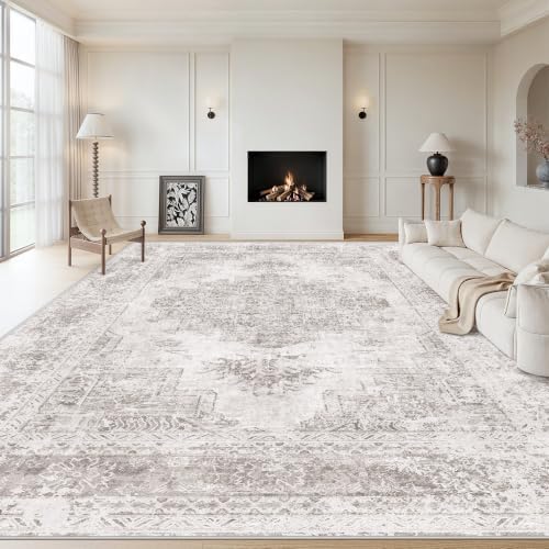 XLUEZ Area Rug 10x14 Living Room Rug, Machine Washable Vintage Distressed Medallion Rug Non-Slip Soft Low Pile Large Indoor Rugs for Bedroom Kitchen Dining Room Office(Grey,10'x14')