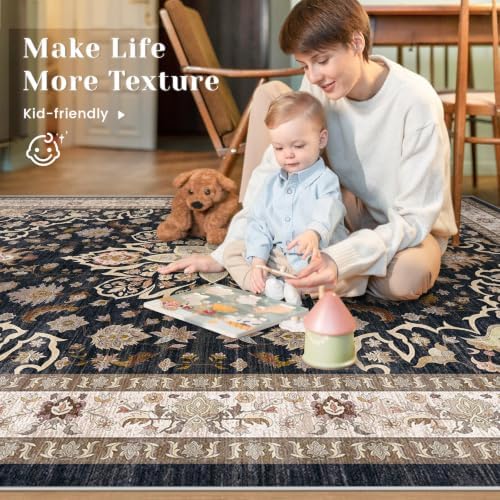 5x7 Area Rugs for Living Room: Washable Vintage Floral Rug Low Pile Non-Slip Boho Carpet for Nursery Bedroom Dining Room (Black, 5'x7')
