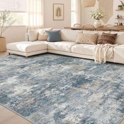 Nakagishi 8x10 Area Rugs Living Room: Washable Abstract Large Neutral Soft Rug Stain Resistant Modern Indoor Floor Non-Slip Carpet for Bedroom Nursery Kids Playroom Office Dining Room Dorm-Blue Brown