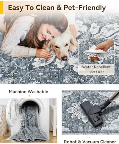 RELEANY Washable Area Rug, 8'x10', Grey/White/Beige