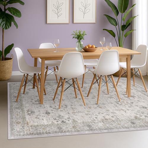 Boho Light Gray & Sage 6x8 Living Room Rug - Washable Large Area Rugs for Dining Under Table, Neutral Geometric Floral Bedroom Carpet, Modern Vintage Low Pile Stain Resistant