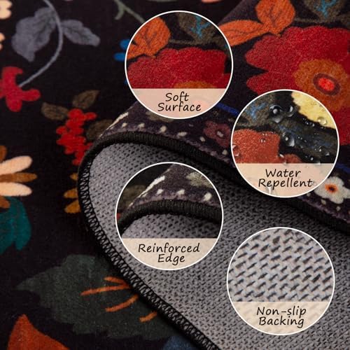 RELEANY Floral Washable 8x10 Area Rugs Black