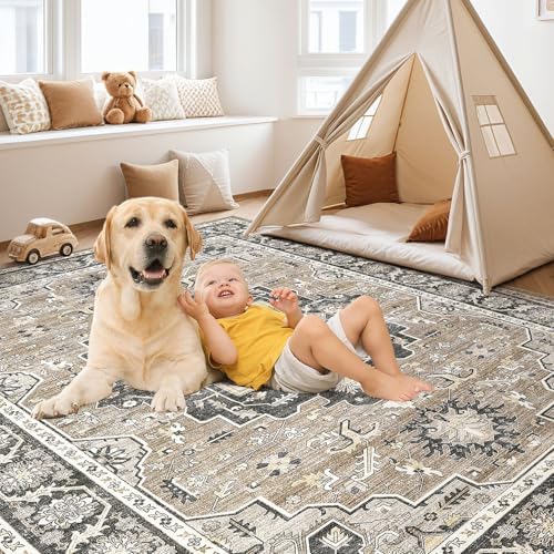 cotiled 8x10 Area Rug for Living Room, Washable, Traditional, Black Brown