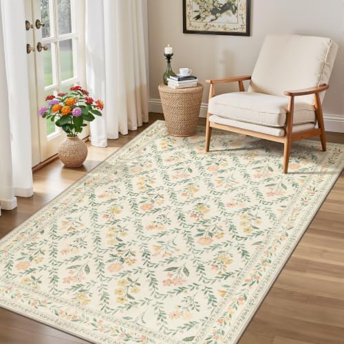 PLHXFR Area Rug Living Room: 3x5 Floral Washable Boho Carpet Beige Multi