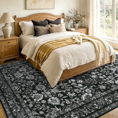 9x12 Ft Extra Large Area Rugs for Living Room, Soft Non-Slip Machine Washable Rug, Vintage Stain Resistant Carpets for Bedroom Nursery Dining Room Home Decor (Black)