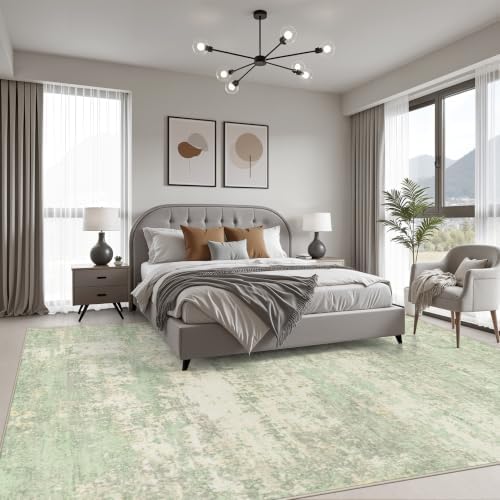 9x12 Area Rug Living Room: Modern Washable Soft Carpet Green Cream