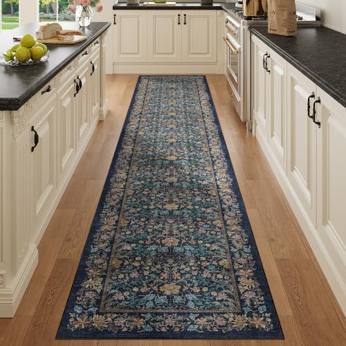 DUKINO 2x10 Runner Rug, Washable Vintage Floral Kitchen Rug, Dark Blue