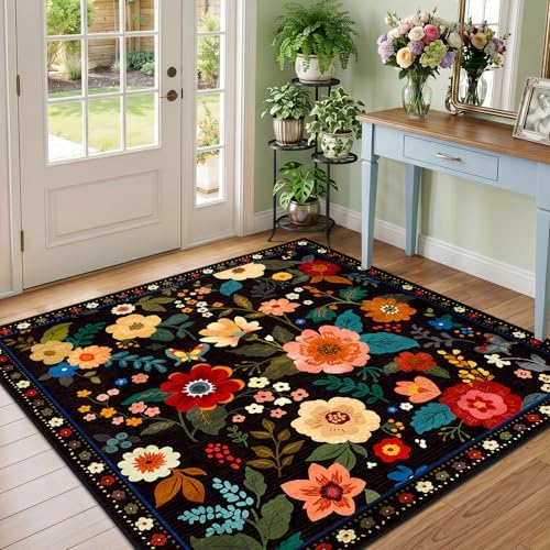 RELEANY Floral Washable Square 5ft Area Rug Black