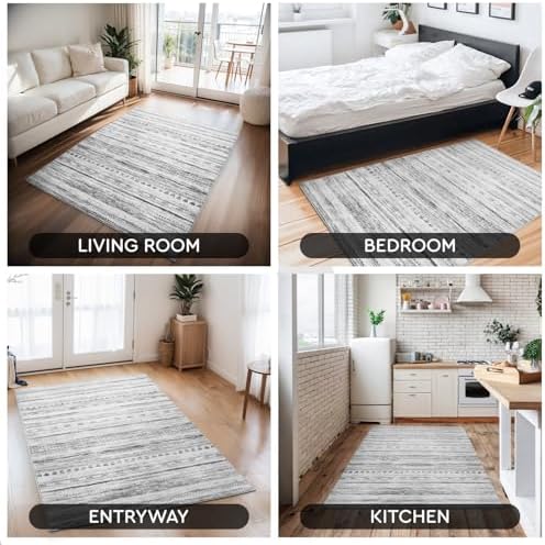 Small Area Rug-2x3 Entryway Rug Non Slip Washable Low Pile Indoor Door Mat Neutral Distressed Boho Moroccan Entrance Rugs Carpet for Bedroom Kitchen Powder Room Front Porch Bathroom, Black