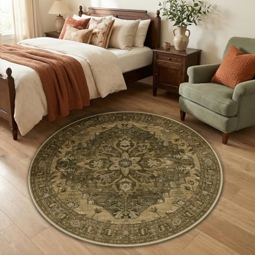 RELEANY Washable Area Rug, Round 4ft, Brown/Dark Brown