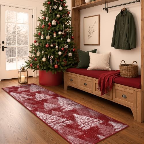 Madane Christmas Runner Rug 2x8 for Hallway, Washable Soft Kitchen Rug Red