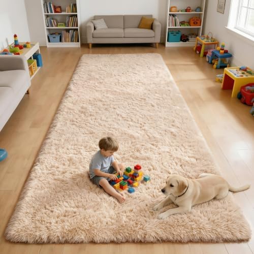 OLANLY 4x10 Area Rugs for Living Room Bedroom, Machine Washable Soft Fluffy Shaggy Bedside Rug, Indoor Floor Carpet for Kids Girls and Boys, Dorms, Nursery Rooms, Home Decor Aesthetic, Beige