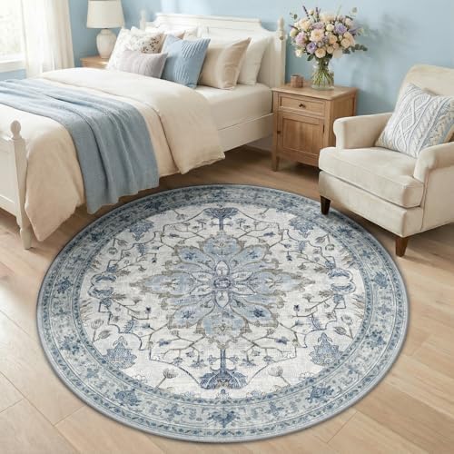 RELEANY Washable Area Rug, Round 5ft, Blue/White/Gray