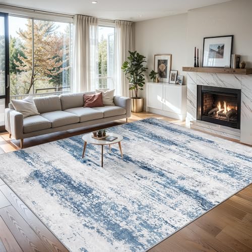 PLHXFR 9x12 Area Rug Living Room: Abstract Washable Carpet White Blue