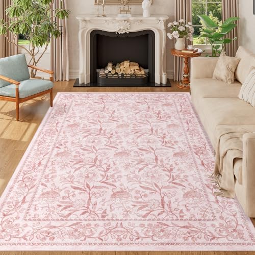 DUKINO 6x9 Area Rug Vintage Floral Washable Rugs for Living Room Light Pink