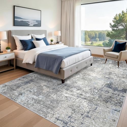 10x14 Area Rug for Living Room, Washable Modern Abstract Rug, Blue Grey